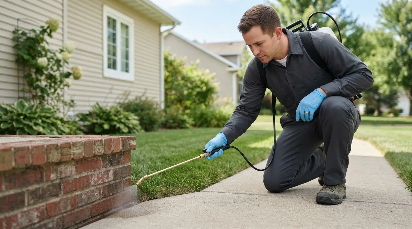Pest control technician treating a home near Stanton, MI