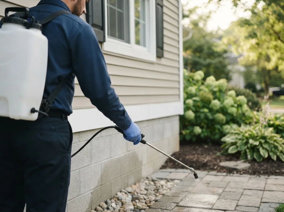 Pest control technician inspecting a home in Stanton, MI
